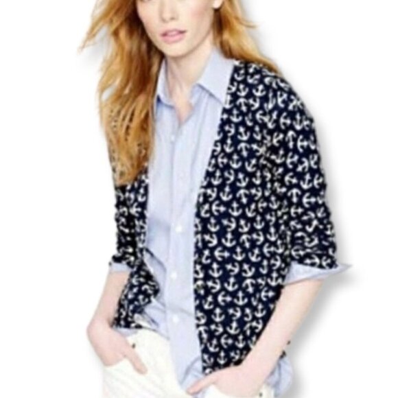 J. Crew Lightweight Gauzy Summer Cardigan Navy and White Anchor Print Size Small - Picture 1 of 11